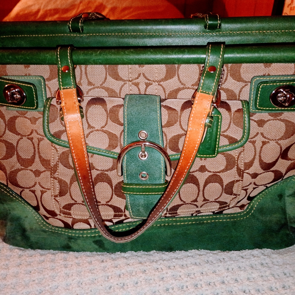 Coach Green and Tan Signature Shoulder Bag